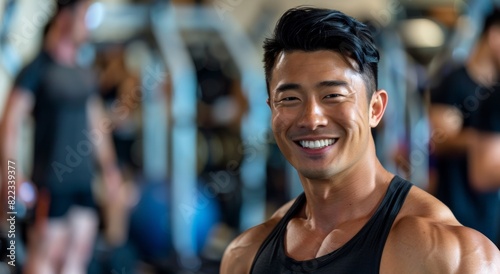 smiling portrait featuring a cheerful young male Asian fitness instructor in an indoor gym fitness center. His positive demeanor radiates enthusiasm and motivation.