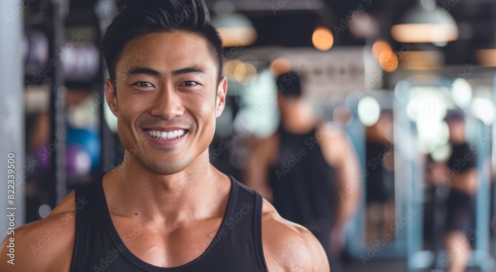 smiling portrait featuring a cheerful young male Asian fitness instructor in an indoor gym fitness center. His positive demeanor radiates enthusiasm and motivation. smiling portrait featuring a cheerful young male Asian fitness instructor in an indoor gym fitness center. His positive demeanor radiates enthusiasm and motivation.