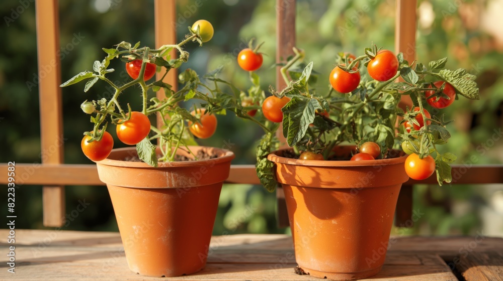 Sunlit potted tomato plants on balcony during early morning. Sunlit potted tomato plants on balcony during early morning.