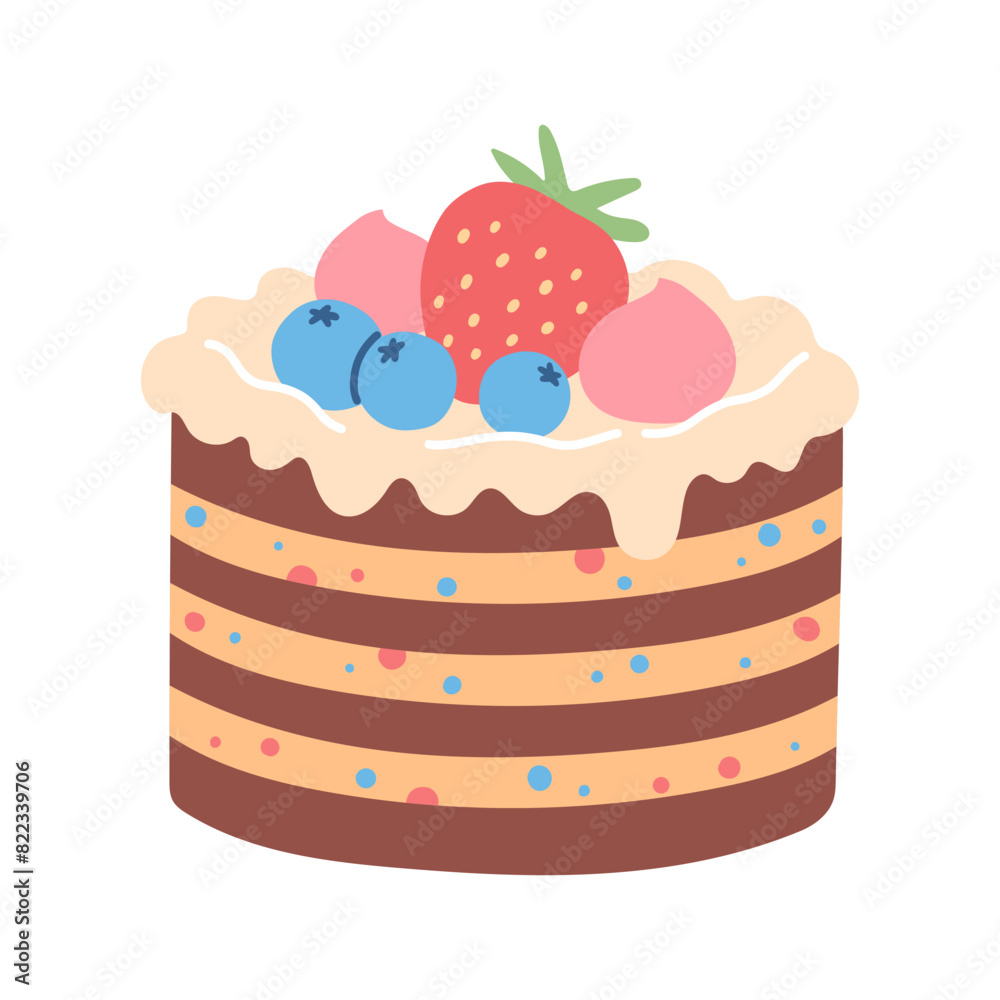 Birthday strawberry cake isolated on white. Flat cartoon design for postcards and stickers, birthday party invitation Birthday strawberry cake isolated on white. Flat cartoon design for postcards and stickers, birthday party invitation