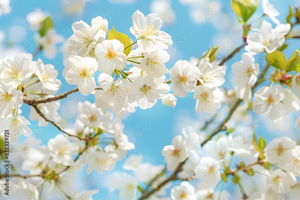 White Cherry Blossoms Against Blue Sky Background