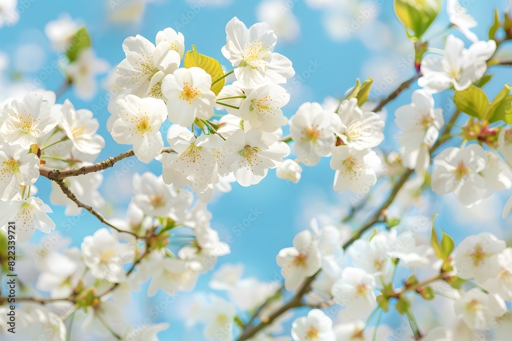 White Cherry Blossoms Against Blue Sky Background White Cherry Blossoms Against Blue Sky Background