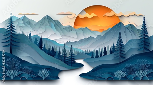 mountain landscape with layered peaks  a winding river  and pine tree  papercut background