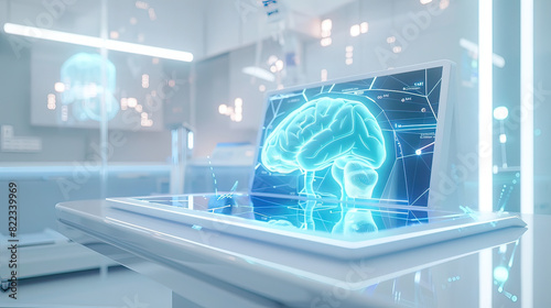 A bright, minimalistic setting featuring a large tablet displaying a vibrant Blue holographic 3D liver in body, laid on a white table within a clean, white room photo