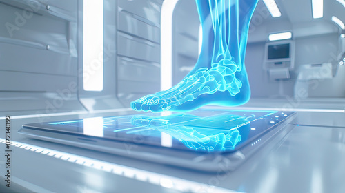 A bright, minimalistic setting featuring a large tablet displaying a vibrant Blue holographic 3D foot in body, laid on a white table within a clean, white room photo