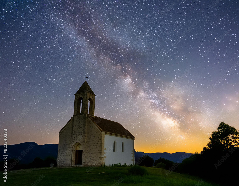 A church is lit up at night with a beautiful milky way in the background