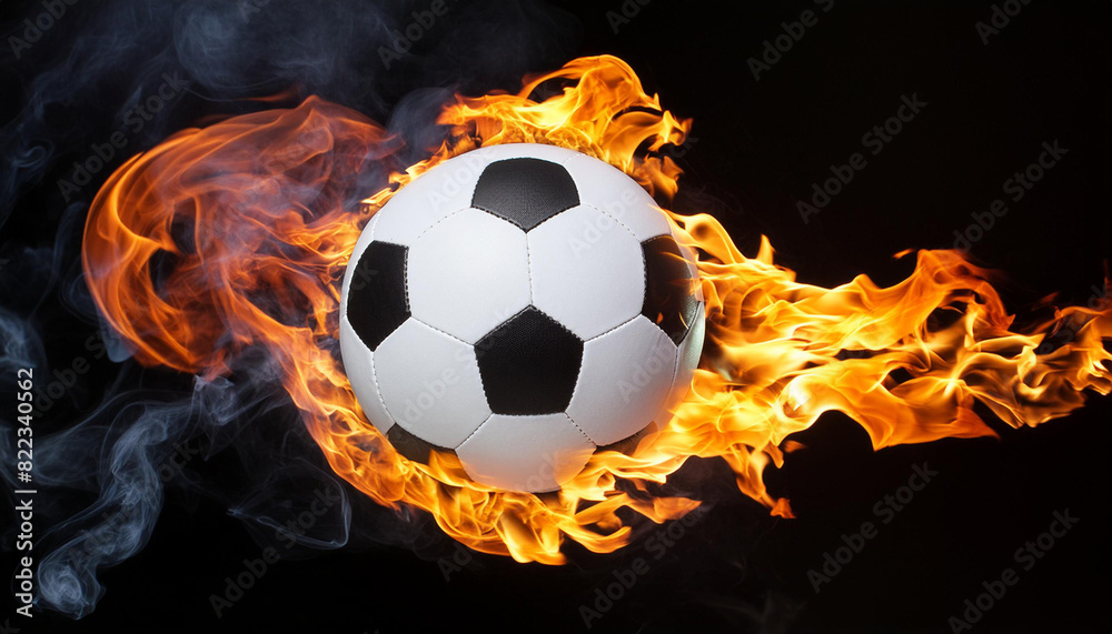 Fototapeta premium A soccer ball is on fire and surrounded by flames