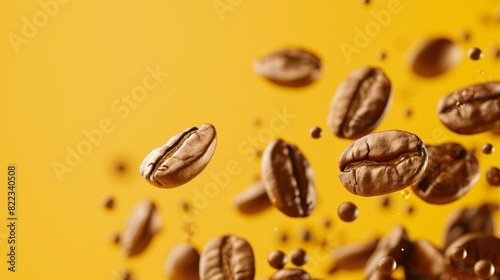 Close-up of coffee beans in mid-air against a vibrant yellow background, highlighting their rich texture and color. photo