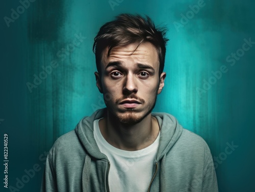 Turquoise background sad european white man realistic person portrait of young beautiful bad mood  © Zickert