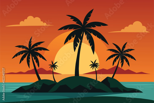 Vector of Palm Trees on and Island at Sunset design © mobarok8888