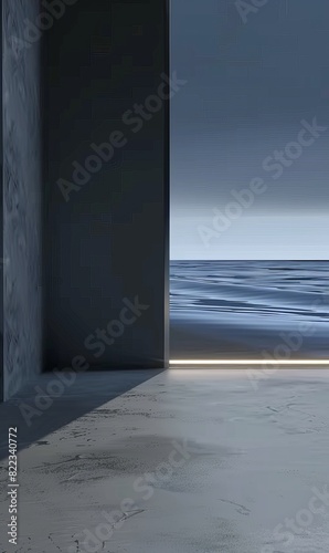 At night, a minimalist gray room with a large window on the side