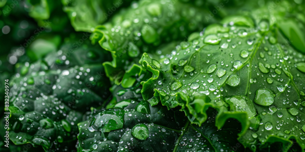 Fresh Kale Leaves with Dew Drops Organic Green Vegetable Close Up Fresh Kale Leaves with Dew Drops Organic Green Vegetable Close Up