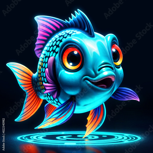 Exotic, colorful, beautiful cartoon fish underwater in the ocean sea, cute, lofty 3d character, children's toy fish in an aquarium.