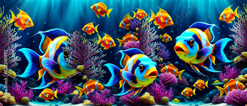Panel kuchenny z motywem Neon glowing fish. Illustration with exotic, vibrant colorful, beautiful school of fish underwater in the ocean sea for background, wallpaper, banner.