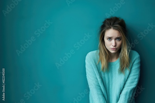 Turquoise background sad european white Woman realistic person portrait of young beautiful bad mood expression Woman Isolated on Background depression anxiety