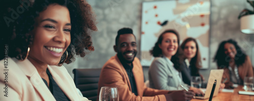 Diverse group of busienss professionals sitting around a conference room table. photo