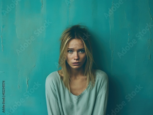 Turquoise background sad european white Woman realistic person portrait of young beautiful bad mood expression Woman Isolated on Background depression anxiety
