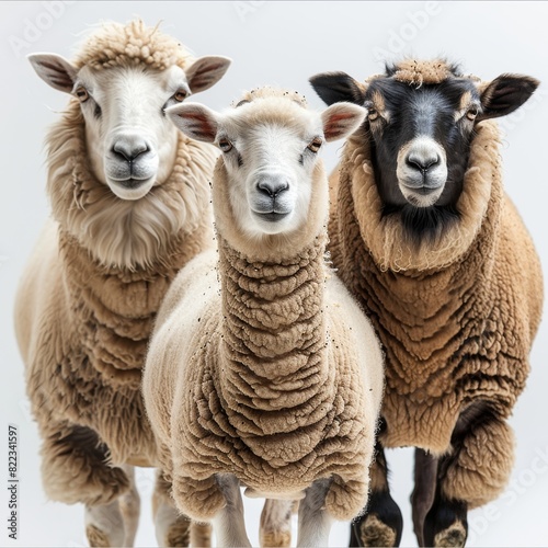 A sheep, a camel, and a goat, full, on white background. Generative AI.