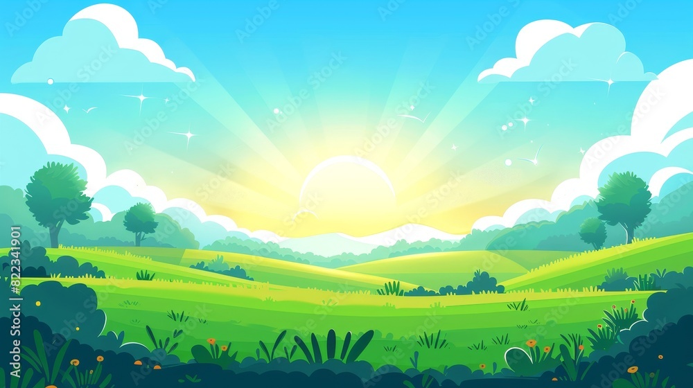 Beautiful fields landscape with a sunrise, green hills, blue sky, flat cartoon background.