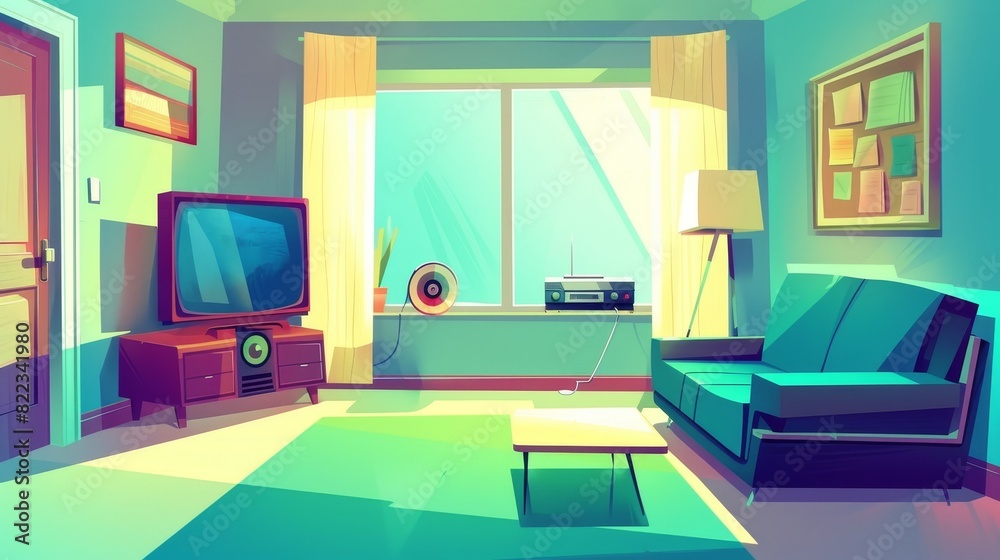 Cartoon living room with a sofa facing a TV set, vinyl player, window light shining on furniture, carpet. Domestic interior background.