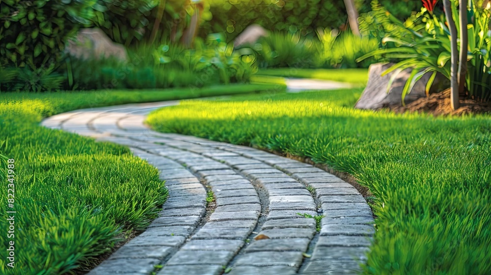 Obraz premium curved green landscape with paved walkway lush grass and turf architectural gardening design