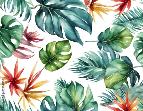 Beautiful seamless pattern with hand drawn watercolor colorful tropical palm leaves. Stock illustration.