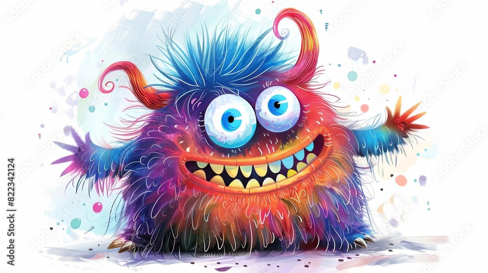 Naklejka premium cute cartoon monster with colorful fur and friendly smile childrens book illustration