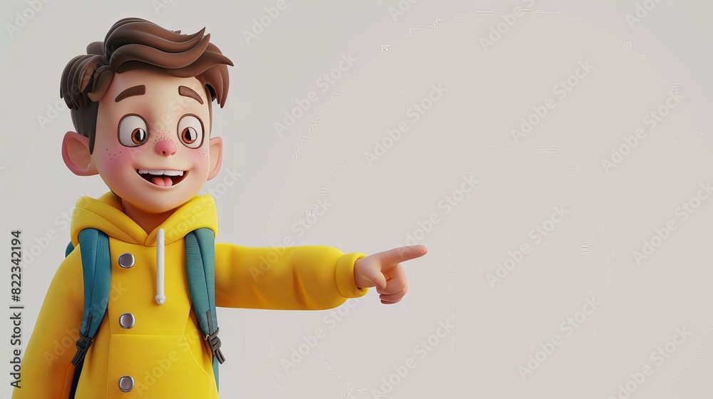 Cartoon character boy points his hand at an empty space on a white background. 3D rendering. Illustration for advertising. Cartoon character boy points his hand at an empty space on a white background. 3D rendering. Illustration for advertising.