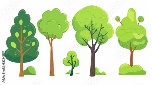 A cartoon tree set isolated on a white background. Clean modern style. Cute green plants on a forest background. Flat style modern illustration.
