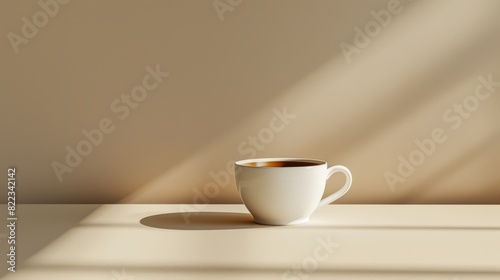 Minimalist white cup of coffee on a light-colored surface with dramatic sunlight and shadows, creating a calm and inviting atmosphere.