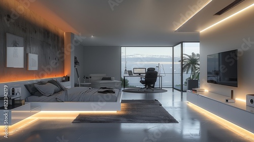 A bedroom, modern industrious design, concrete floor, LED light strip, an office nook with a computer and a office chair, a TV, a lounge chair, high tech AC control mount on the wall. Generative AI. © visoot