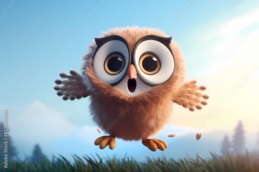 Cute owl cartoon is jumping high in the air