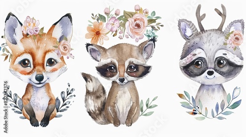 Baby fox, deer, raccoon, owl and tree cartoon with flowers. Bohemian boho drawing for nursery poster.