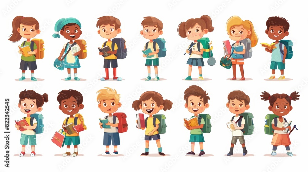 Illustration of smiling schoolchildren holding backpacks and books. Multi-ethnic kids with backpacks. Illustration of smiling schoolchildren holding backpacks and books. Multi-ethnic kids with backpacks.