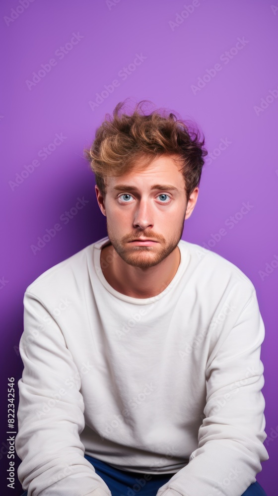 Violet background sad european white man realistic person portrait of young beautiful bad mood expression man Isolated on Background depression anxiety