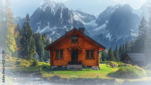 Scenic alpine lake with a wooden cabin on the shore, surrounded by lush greenery and majestic mountains under a bright blue sky.