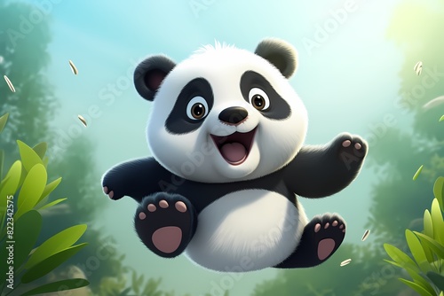 Cute panda cartoon is jumping high in the air