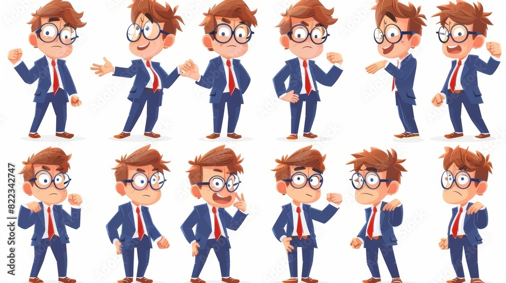 Funny office boy character with blue suit and red tie. 30 different poses and expressions. Isolated on white background. Big modern icon set. Funny office boy character with blue suit and red tie. 30 different poses and expressions. Isolated on white background. Big modern icon set.