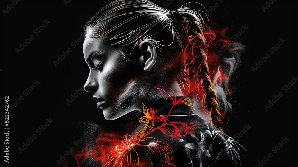 Digital Illustration of a Female Face Surrounded by Colourful Fire