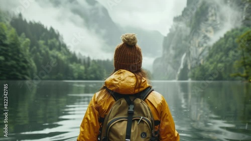 Woman in a yellow raincoat kayaking on a misty lake surrounded by lush forests and mountains, embracing the tranquility of nature.