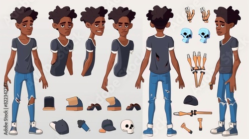 The cartoon afro-american man constructor for animation features legs, arms, face emotions, hands gestures, and lips sync. Full length, front, three quarter views. Ready-to-use poses and objects