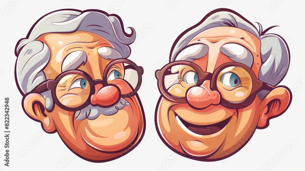 Clipart illustration of grandmother and grandfather heads with smiles. Modern illustration with simple gradients.