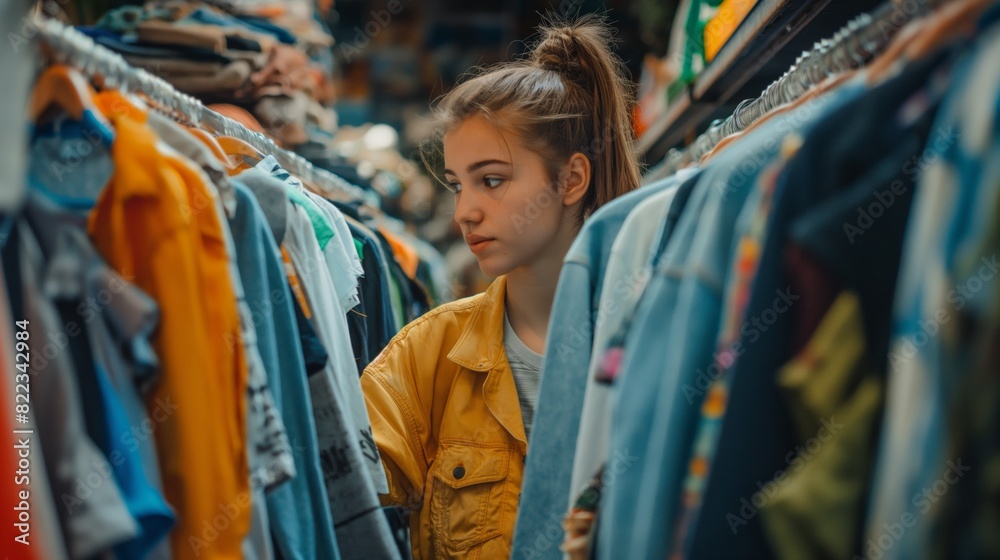 Young woman browsing vintage clothing racks at thrift store in daylight.