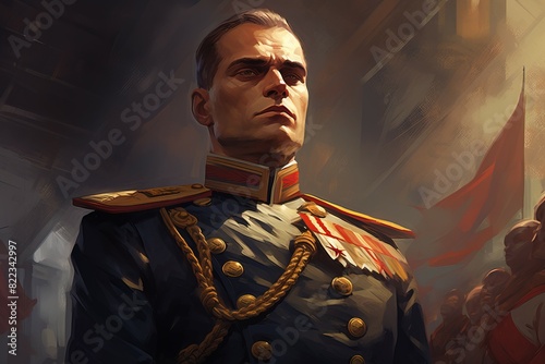 Digital art of a proud military commander with blurred soldiers in the backdrop photo