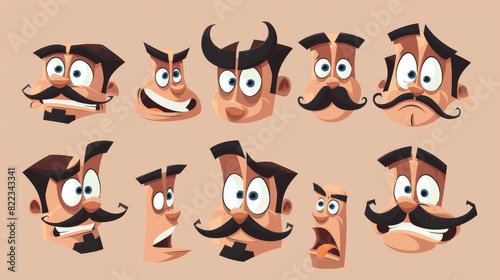 An old funny mascot facial expression modern set with different emotions. Modern of a 1930s cartoon face.