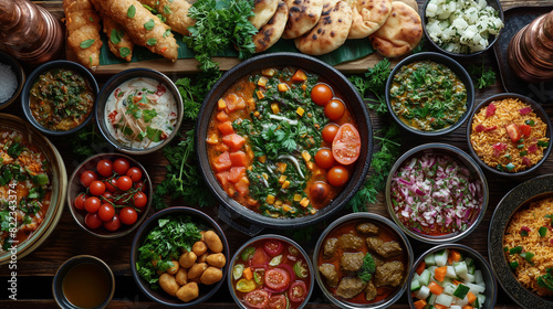 Top view of Experience the cultural richness of Middle Eastern Suhoor or Iftar  where the table overflows with diverse delights  inviting a shared celebration of community and spirituality.