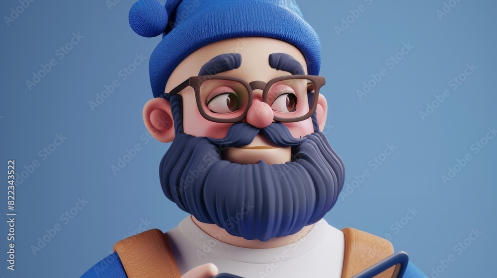A cartoon hipster icon avatar on a transparent png background with an isolated portrait of a stylish man with beard and a tablet.