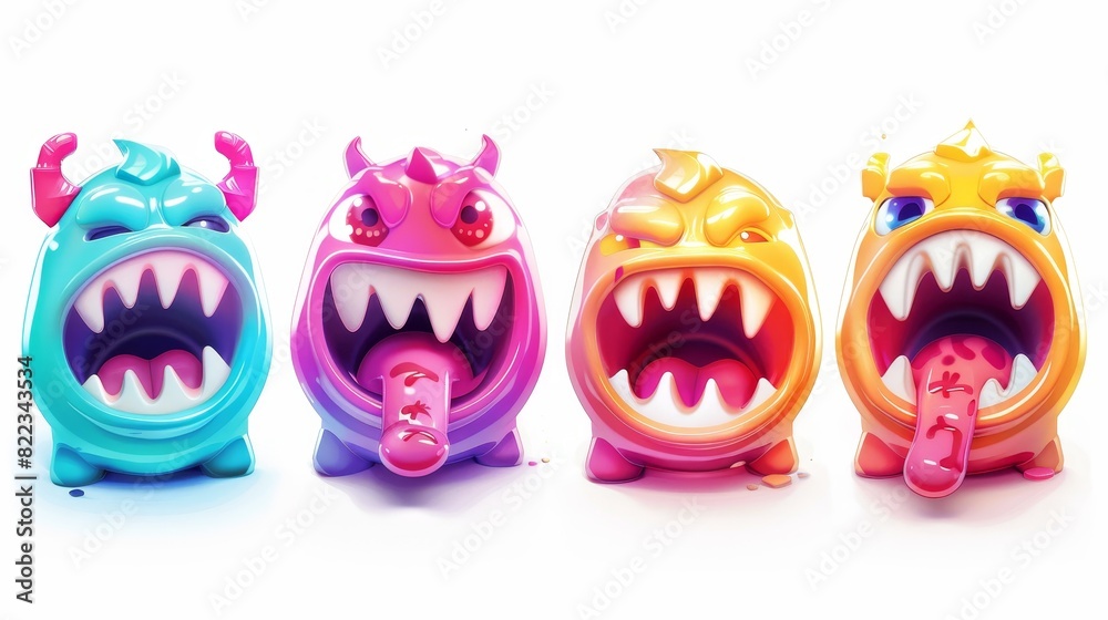 Colorful Halloween monster set. Cute cartoon scary funny baby character. Face, teeth, tongue, and hands up. White background.