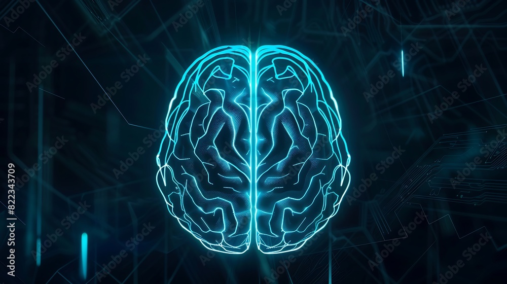 custom made wallpaper toronto digitalBrain icon from glowing blue lines on dark background with copy space. Human brain hologram, for futuristic medical and health care technology concept.