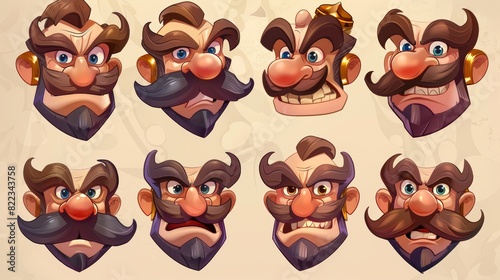 A set of 1930s vintage cartoon mascot faces with different expressions, modern illustration